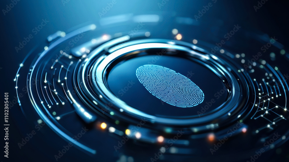 Poster modern digital fingerprint recognition technology displayed against a dark background with glowing c