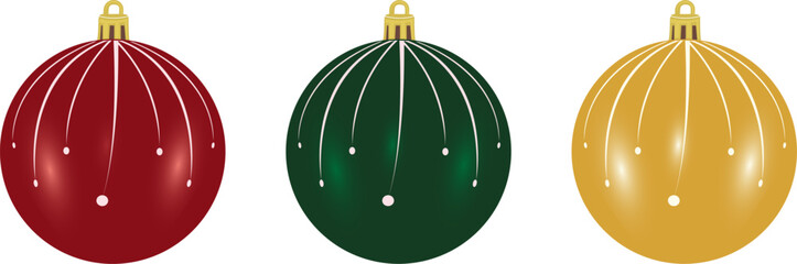 Set of Christmas Glass Ball ornament vector illustration. Red, green, and golden shiny glass ball