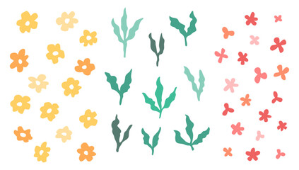 Vector set of flowers and leaves, naive style. Hand drawn cute elements, silhouettes, isolated on white background.