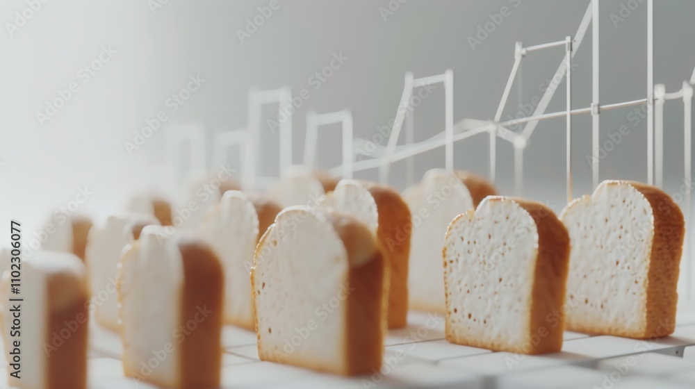 Aufkleber slices of white bread are lined up in a row, resembling data bars on a grid with a rising line graph