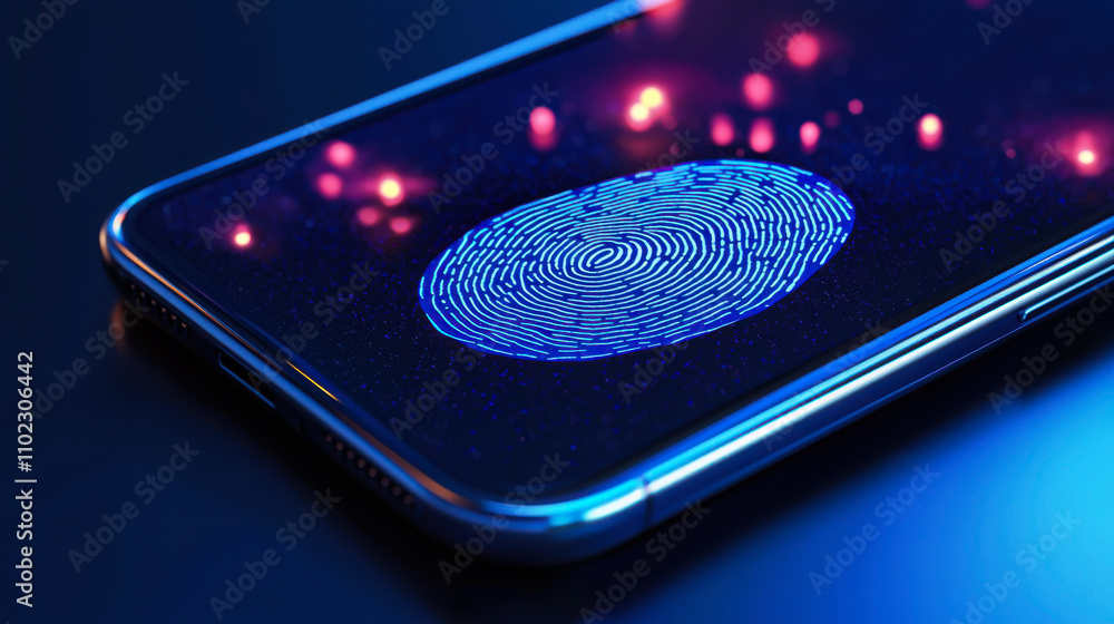 Poster smartphone displaying a colorful fingerprint scanning interface with glowing patterns in a dark atmo