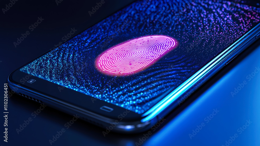Poster smartphone displaying a colorful fingerprint scanning interface with glowing patterns in a dark atmo
