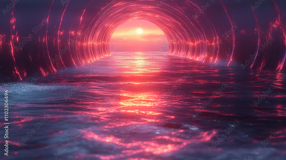 Poster vibrant sunset reflection through a water tunnel illuminating the ocean wave patterns at dusk. gener
