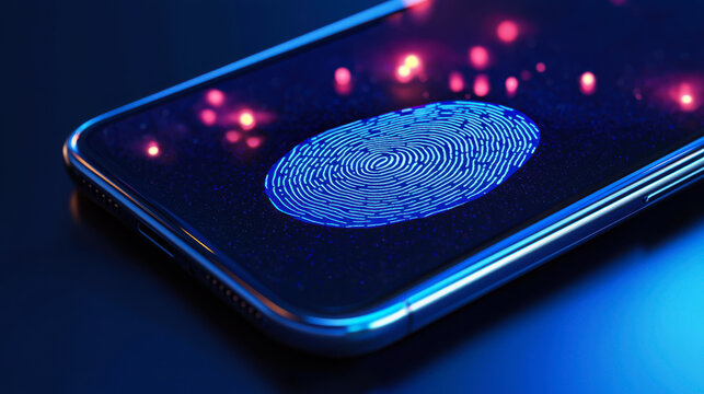 Smartphone displaying a colorful fingerprint scanning interface with glowing patterns in a dark atmosphere