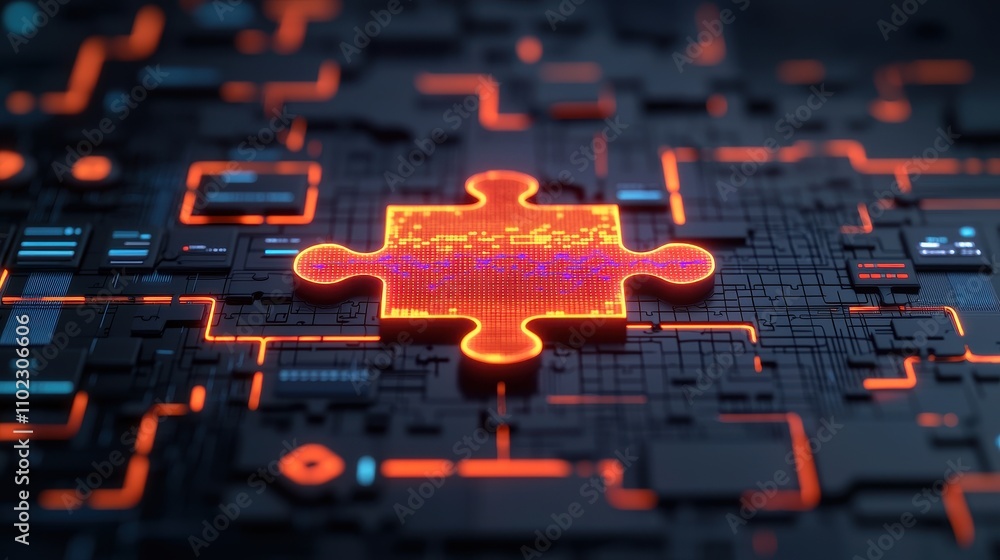 Poster digital puzzle piece on abstract technology background with neon glow