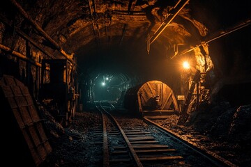 Naklejka premium Exploring the depths of an abandoned mine under dim light. Generative AI