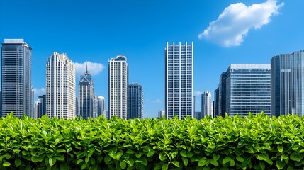 Fototapeta premium Urban skyline with modern skyscrapers and lush green foliage in the foreground under a clear blue sky, symbolizing the harmony between nature and city living.