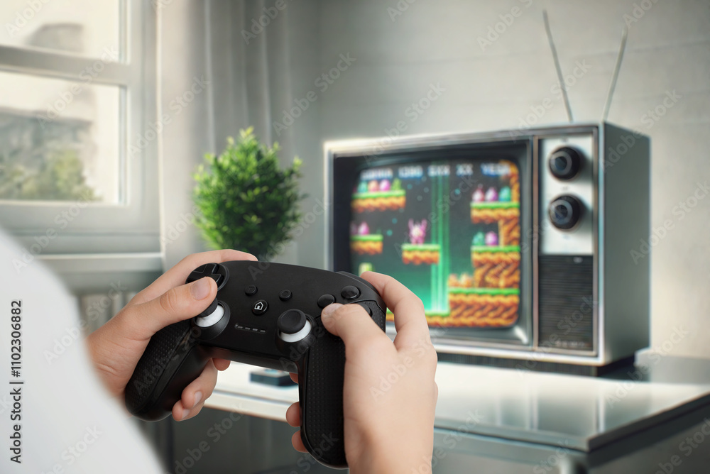 Poster player using a gamepad to play a platformer on a retro tv, showcasing the concept of classic gaming 