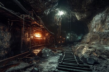 Naklejka premium Exploring the depths of an abandoned mining shaft at twilight. Generative AI