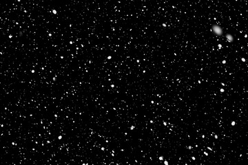 Realistic snowflake snow overlay effect on the black background.