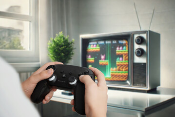 Player using a gamepad to play a platformer on a retro TV, showcasing the concept of classic gaming and nostalgic entertainment