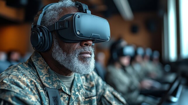 Veteran engages in virtual reality training in classroom setting with peers in military attire