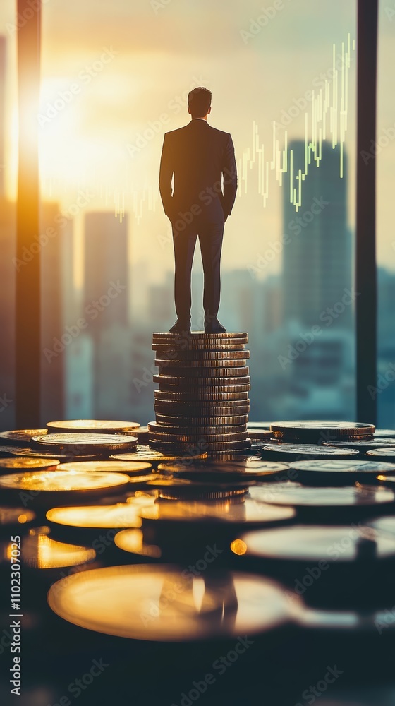 Aufkleber Businessman standing on a large stack of coins is watching a growing stock market graph projected on a large window with a cityscape view at sunset