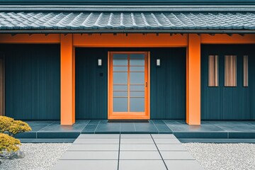 オレンジのドアを持つ和風の住宅の美しいエントランスと庭