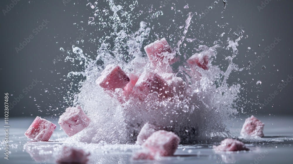 Poster pink cubes splashing in water on a minimal background