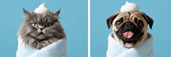 Pet Grooming. A fluffy gray cat and a cheerful pug, wrapped in soft blue towels, with whipped foam adorning their heads. Website banner spa or grooming