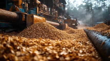 A lumber processing site with piles of wood shavings and machinery in a misty forest setting.