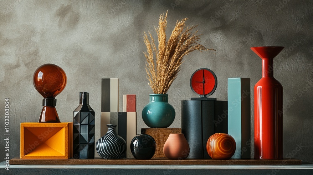 Poster modern decorative vases and objects on textured shelf