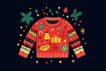 vibrant red ugly christmas sweater with holiday motifs and festive decorations on a dark night background