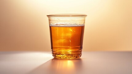 A close-up shot of a beer served in a plastic glass, with a plain white background.