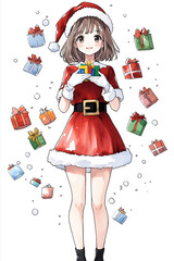 a young blonde woman in a stylish Miss Santa costume, she and holding a small gift box. Surrounding her are floating, colorful hand-drawn present boxes in a clean watercolor style. 