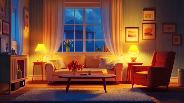 The interior of the living room features a cozy and inviting atmosphere, with a plush sofa and an armchair arranged around a coffee table. 