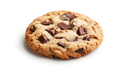Delicious homemade chocolate chip cookie with rich chocolate chunks and a soft, chewy texture on a clean white background, perfect for food photography and baking inspiration.