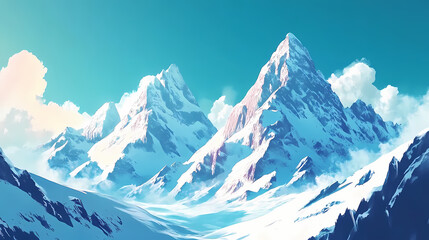 Obraz premium Majestic view of rugged snowy peaks under a cerulean sky, with sunlight casting crisp shadows, evoking a sense of adventure and tranquility in winter wilderness. Cerulean. Illustration