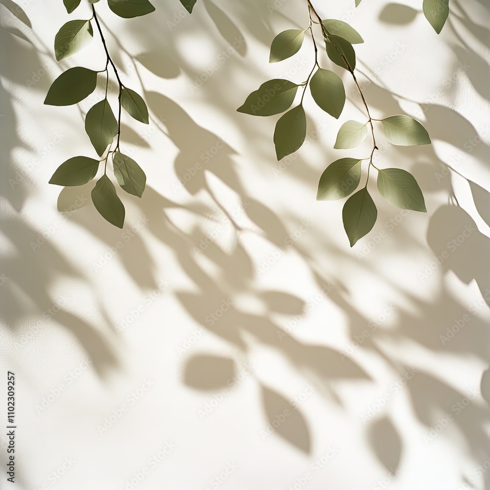 Poster Soft Green Leaves Casting Shadows on a Light Beige Background, Creating a Calm and Serene Atmosphere in Natural Light for Art and Design Projects