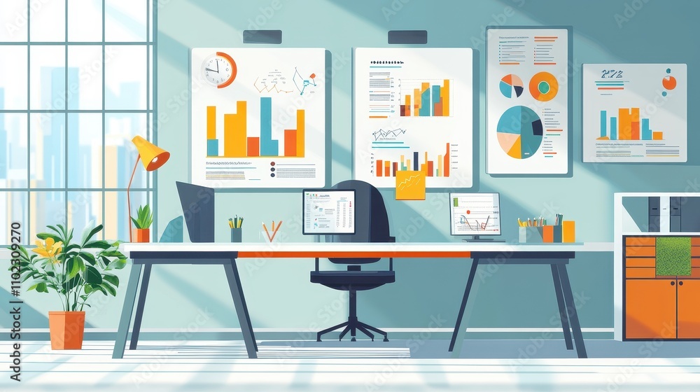 Poster Modern Workspace with Digital Analytics and Data Visualization