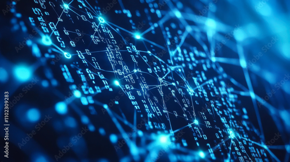 Poster digital network connections with glowing blue nodes and lines, symbolizing data transmission in a te