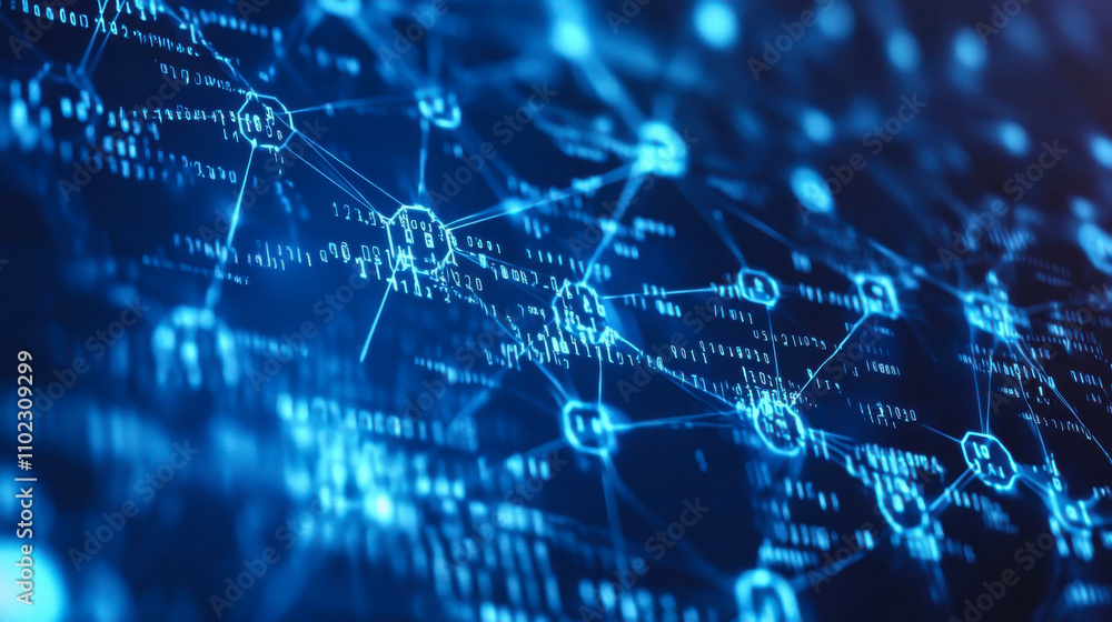 Poster digital network connections with glowing blue nodes and lines, symbolizing data transmission in a te