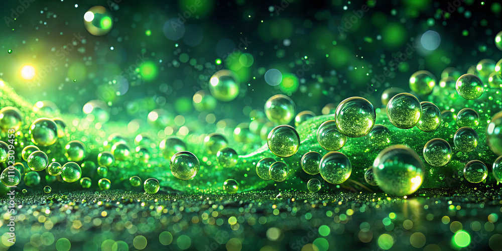 Aufkleber this vibrant display features shimmering green bubbles reflecting light amidst a backdrop of sparkli