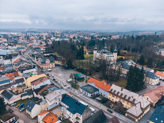 Naklejka premium Aerial View European Town Center, Houses and Streets, Vrchlabi, Czechia