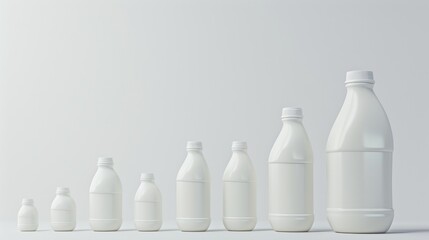 A clean and minimalist image of white plastic bottles in a row, organized by increasing size. The simplicity of the design emphasizes form and structure, ideal for conceptual uses in business or