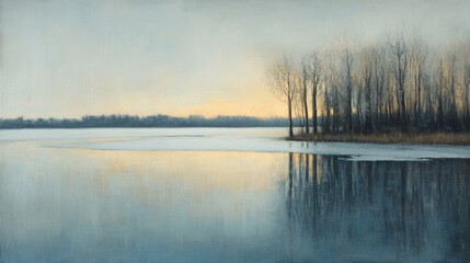 Fototapeta premium Tranquil Winter Landscape with Silhouetted Trees and Frozen Lake