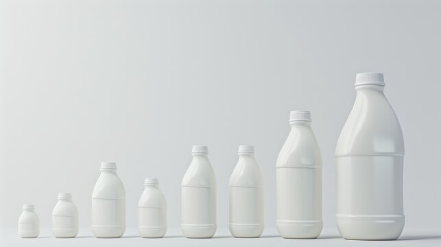 A clean and minimalist image of white plastic bottles in a row, organized by increasing size. The simplicity of the design emphasizes form and structure, ideal for conceptual uses in business or