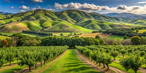 Fototapeta premium Rolling green hills offer a stunning backdrop to a peaceful orchard filled with rows of fruit trees. The sky is bright with scattered clouds, enhancing the natural beauty