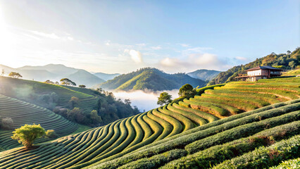 Fototapeta premium Rolling hills of vibrant tea plantations are bathed in soft morning light. Mist lingers in the valleys, creating a serene atmosphere. A rustic house is nestled among the greenery