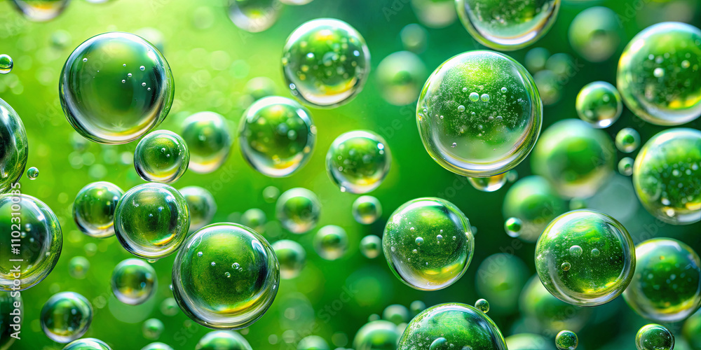 Poster bubbles of various sizes filled with green liquid float in a peaceful setting, creating a calming ef