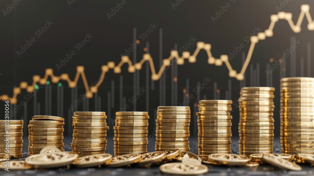 Poster a close-up view of multiple stacks of gold coins arranged in a row, with a blurred financial graph i