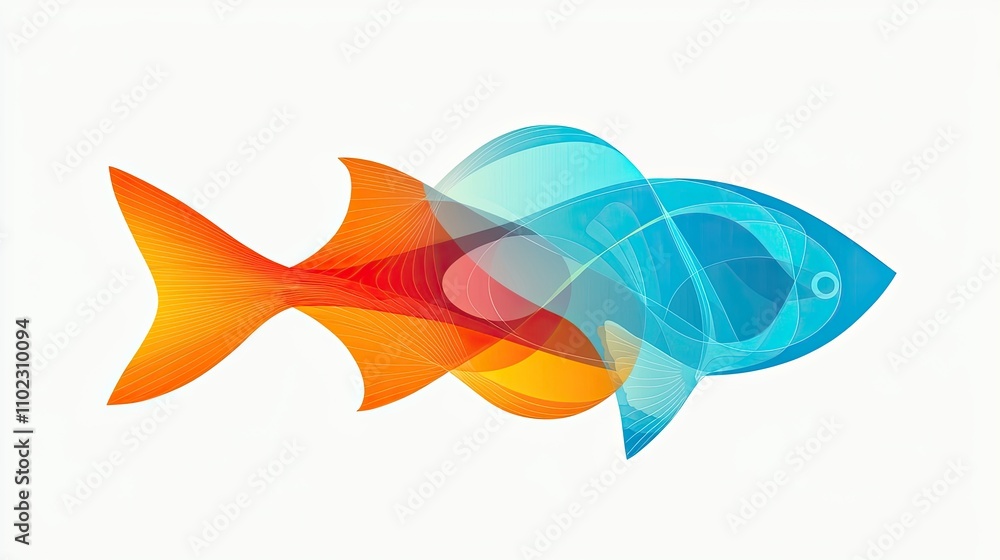 Poster colorful abstract fish design with gradient swirls representing movement and flow in a creative arti