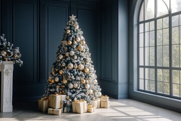 Fototapeta premium Christmas tree with decoration in the corner of a house