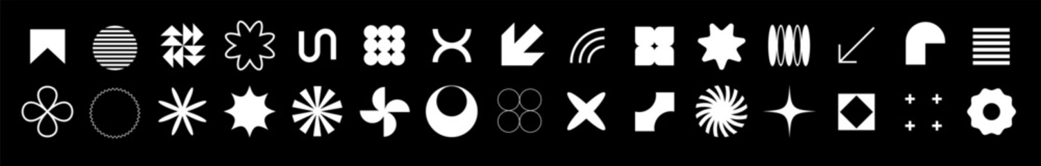 A set of abstract symbols in brutalist design, featuring white outline geometric shapes like spirals, stars, and circular forms for decor.