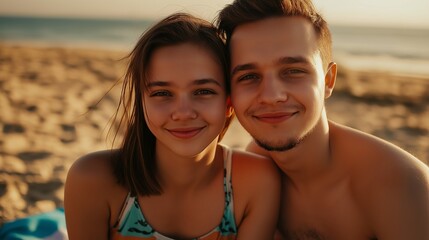 Fototapeta premium Young couple enjoying a relaxing moment on the beach, their faces illuminated by the warm glow of the setting sun, creating a romantic and serene atmosphere
