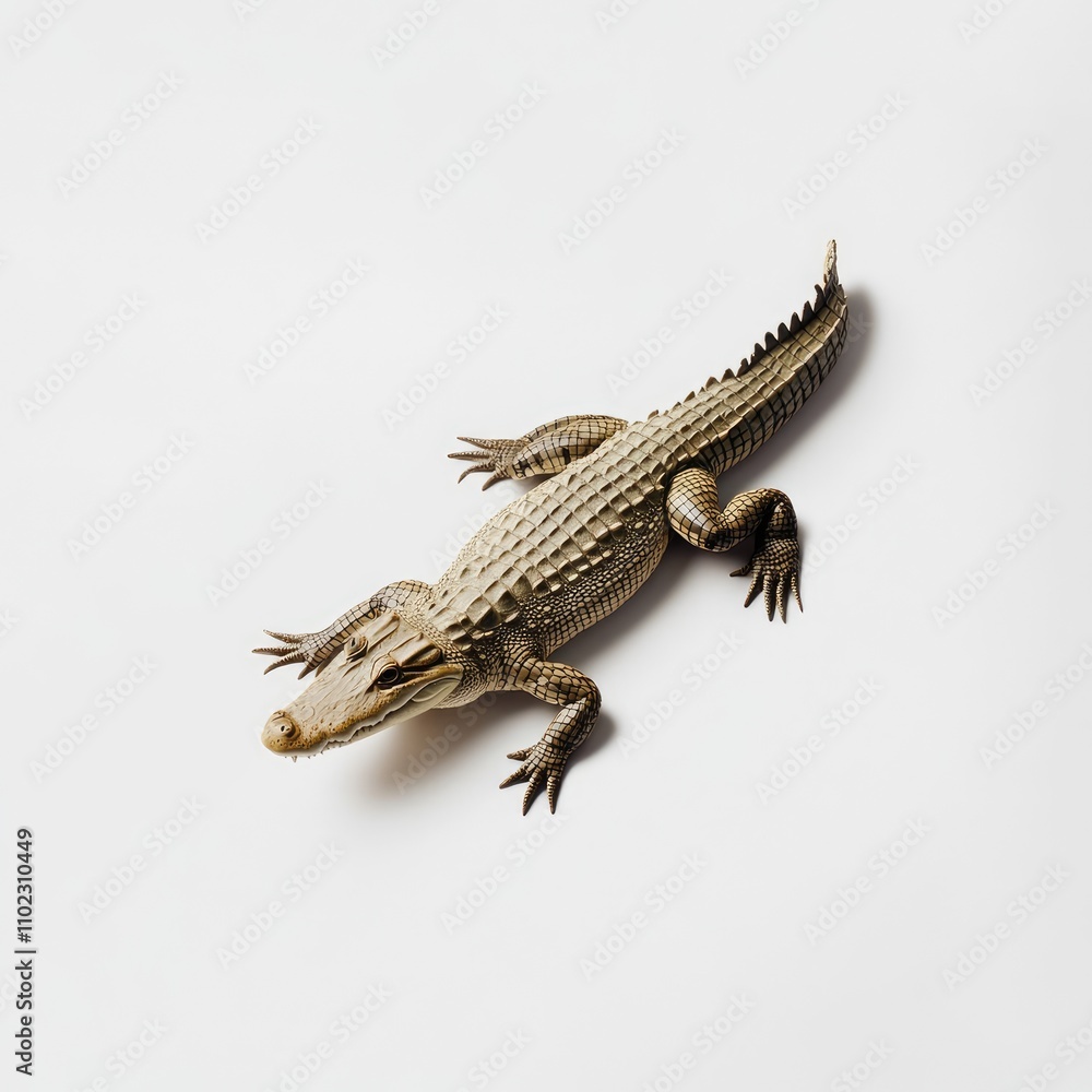 Poster detailed close-up of a small crocodile on white background capturing its unique textures and feature