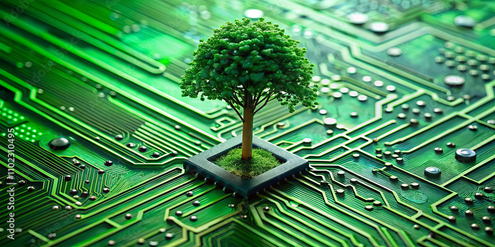 Aufkleber a green tree stands on a microchip surrounded by intricate circuit patterns. this symbolizes the har