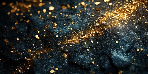 Festive arrangement of golden decorations with confetti on a dark background glowing accents minimalistic holiday theme