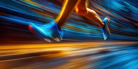 runner legs in motion on a track under evening lights blurred stadium background dynamic composition vibrant energy vivid lighting