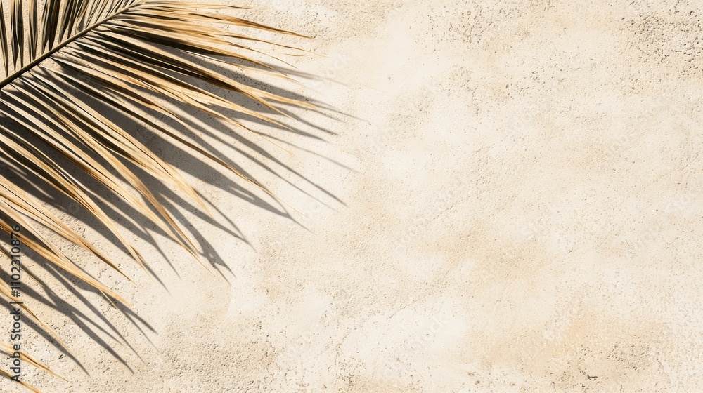 Poster minimalist composition featuring a dried palm leaf casting a distinct shadow on a neutral beige text